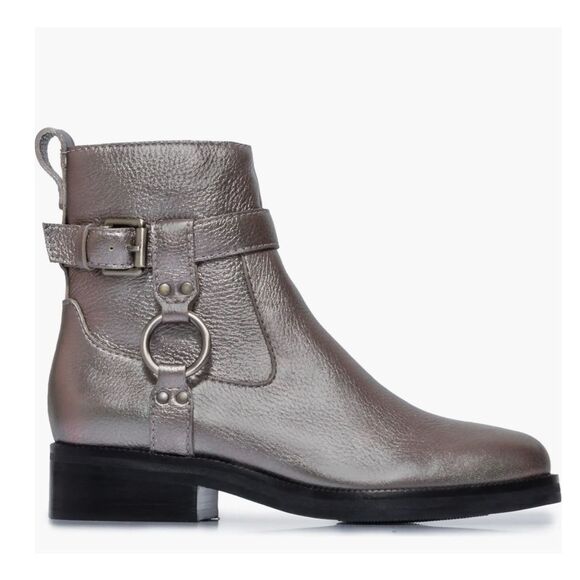 Anthropologie Bernardo Tyra Moto Boot Buckle Zip Grey Metallic Leather Size 8.5 - Picture 1 of 7